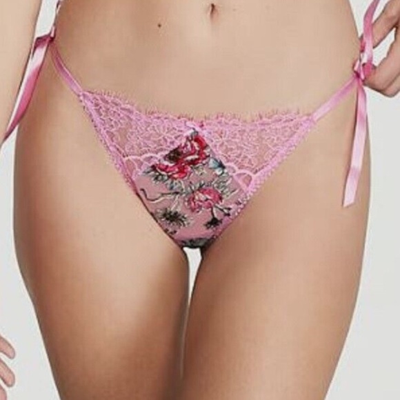 Victorias Secret Dream Angels Pink Floral Embroidery Side Tie Thong Panty - Picture 2 of 5